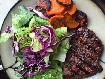 Recipe Image: Sirloin Steak, Coconut Sweet Potatoes, & Garden Salad